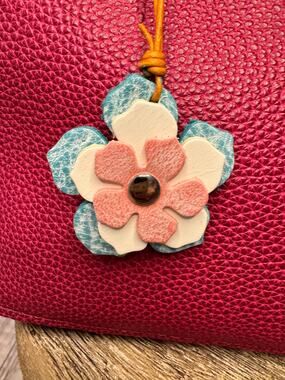 Leather Flower Bag Charm Pink White Blue Flower Purse Charm Genuine Leather
